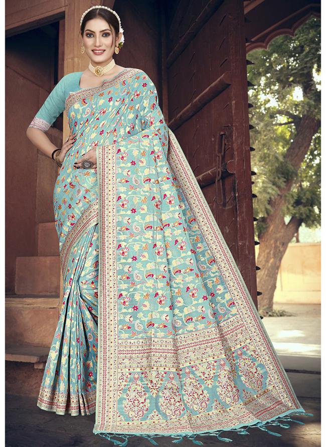 Art Silk Sky Blue Festival Wear Weaving Saree